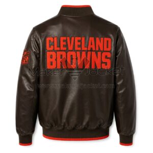 Back View Of Cleveland Browns Ambassador Jacket Featuring CLEVELAND BROWNS lettering and brown, orange, and white design.