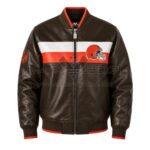 Front View Of Cleveland Browns Ambassador Jacket Featuring helmet logo, NFL logo, rib-knit collar, cuffs, waistband, and side pockets.
