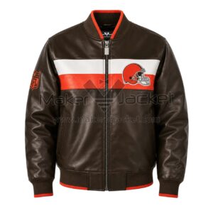 Front View Of Cleveland Browns Ambassador Jacket Featuring helmet logo, NFL logo, rib-knit collar, cuffs, waistband, and side pockets.