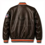 Back View Of Cleveland Browns Bomber Jacket Featuring brown leather with classic bomber design.