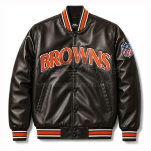 Front View Of Cleveland Browns Bomber Jacket Featuring Browns lettering and NFL logo.