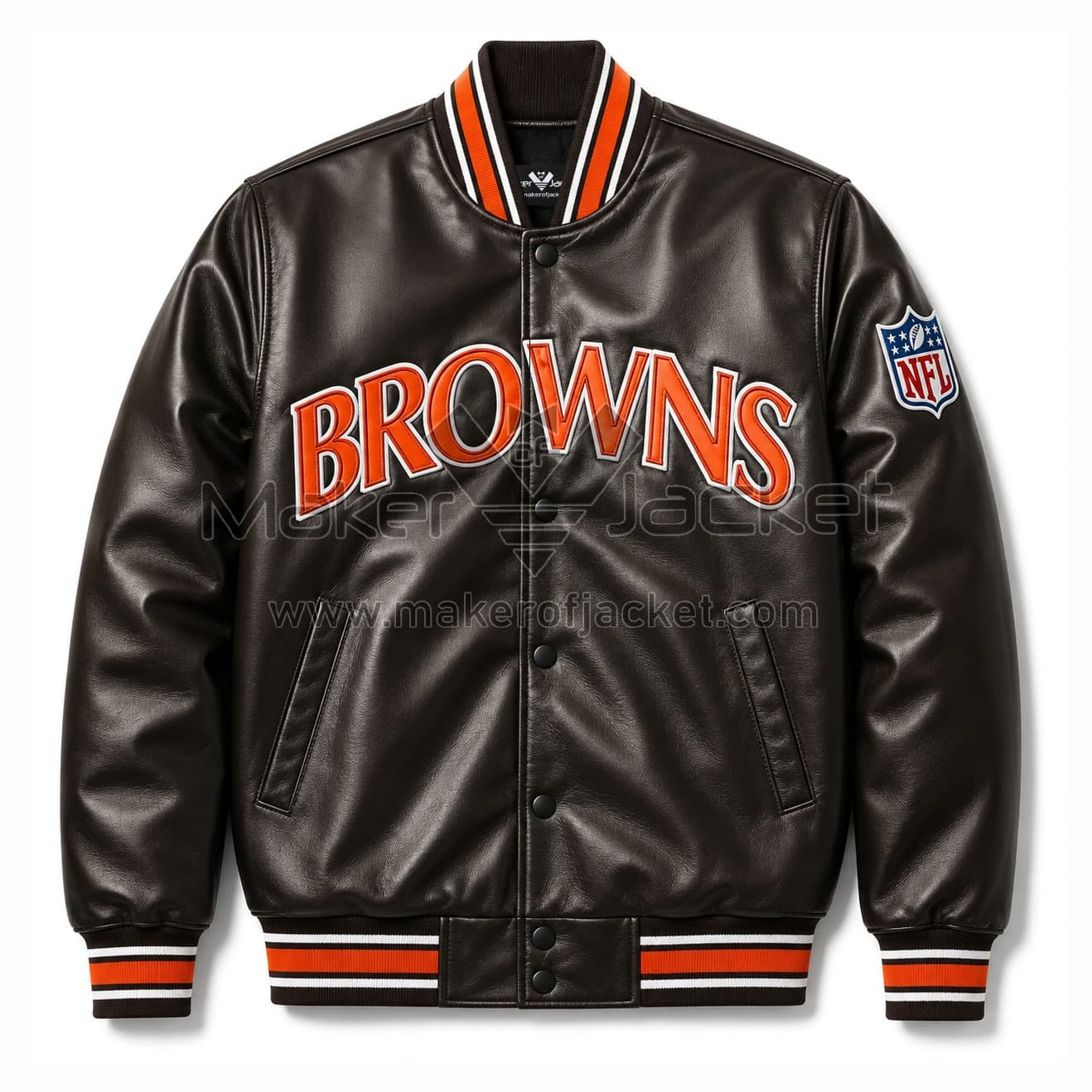 Cleveland-Browns-Bomber-Jacket-Front-Image Front View Of Cleveland Browns Bomber Jacket Featuring Browns lettering and NFL logo.