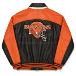 Back View Of Cleveland Browns Bomber Leather Jacket Featuring Browns lettering and helmet logo on back.