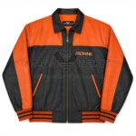 Front View of Cleveland Browns Bomber Leather Jacket Featuring Browns logo on left chest.