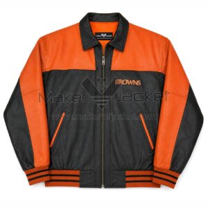 Front View of Cleveland Browns Bomber Leather Jacket Featuring Browns logo on left chest.