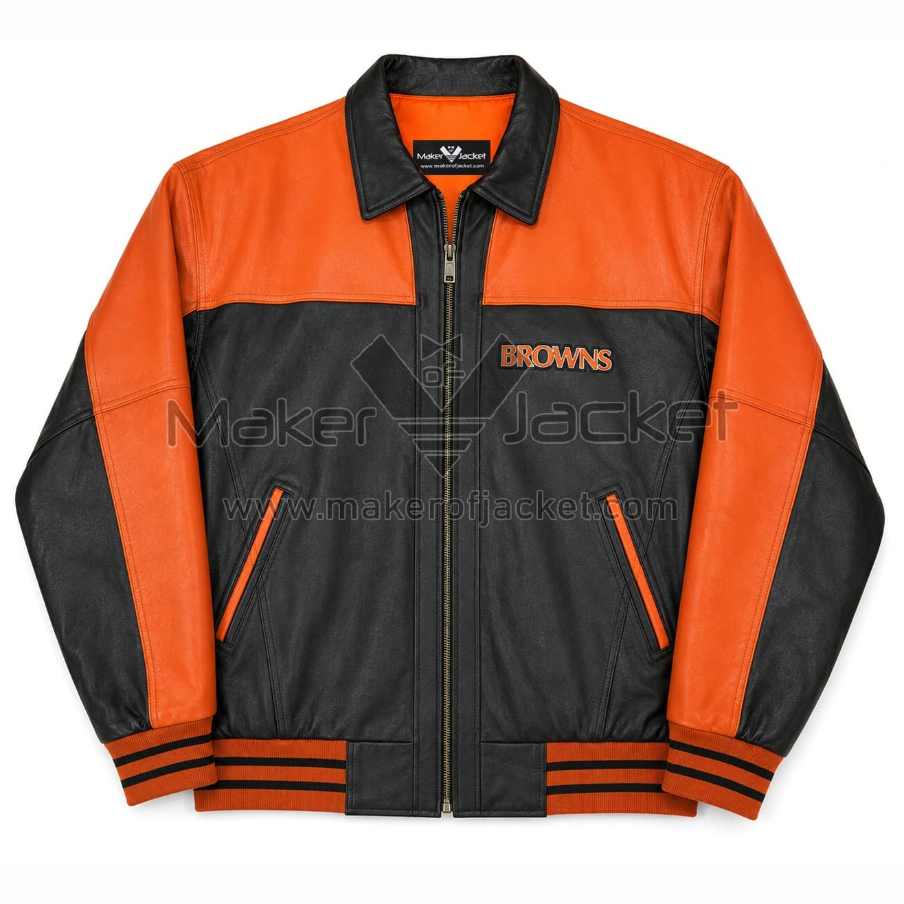 Cleveland-Browns-Bomber-Leather-Jacket-Front-Image Front View of Cleveland Browns Bomber Leather Jacket Featuring Browns logo on left chest.