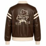 Back View Of Cleveland Browns Brown Leather Jacket Featuring cream stripes and Browns cartoon logo on back.