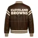 Back View Of Cleveland Browns Brown Leather Jacket featuring bold CLEVELAND BROWNS lettering on the back.