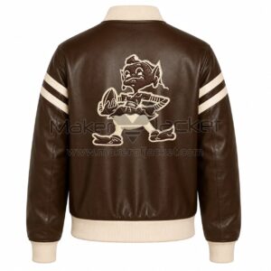Back View Of Cleveland Browns Brown Leather Jacket Featuring cream stripes and Browns cartoon logo on back.