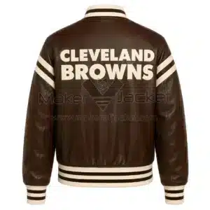 Back View Of Cleveland Browns Brown Leather Jacket featuring bold CLEVELAND BROWNS lettering on the back.