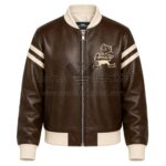Front View oF Cleveland Browns Brown Leather Jacket Featuring cream stripes and Browns cartoon logo on left chest.