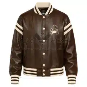 Front View Of Cleveland Browns Brown Leather Jacket Featuring cartoon logo, cream details, and snap-button closure.