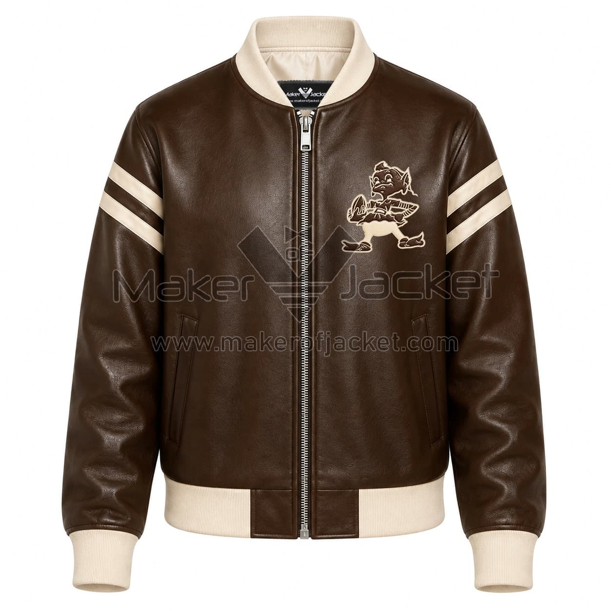 Cleveland-Browns-Brown-Leather-Jacket-Front-Image Front View oF Cleveland Browns Brown Leather Jacket Featuring cream stripes and Browns cartoon logo on left chest.