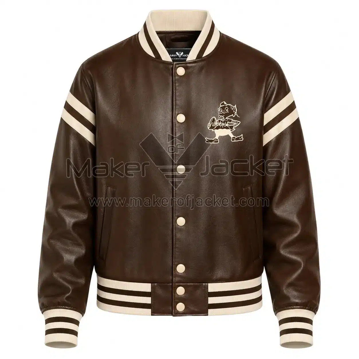 Cleveland-Browns-Brown-Leather-Jacket-Front-Image Front View Of Cleveland Browns Brown Leather Jacket Featuring cartoon logo, cream details, and snap-button closure.