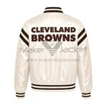 Back View Of Cleveland Browns Cream Satin Jacket Featuring bold CLEVELAND BROWNS lettering.