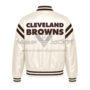Back View Of Cleveland Browns Cream Satin Jacket Featuring bold CLEVELAND BROWNS lettering.