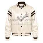 Front View Of Cleveland Browns Cream Satin Jacket Featuring Browns cartoon logo and brown arm stripes.