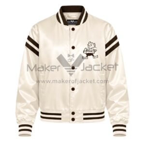 Front View Of Cleveland Browns Cream Satin Jacket Featuring Browns cartoon logo and brown arm stripes.