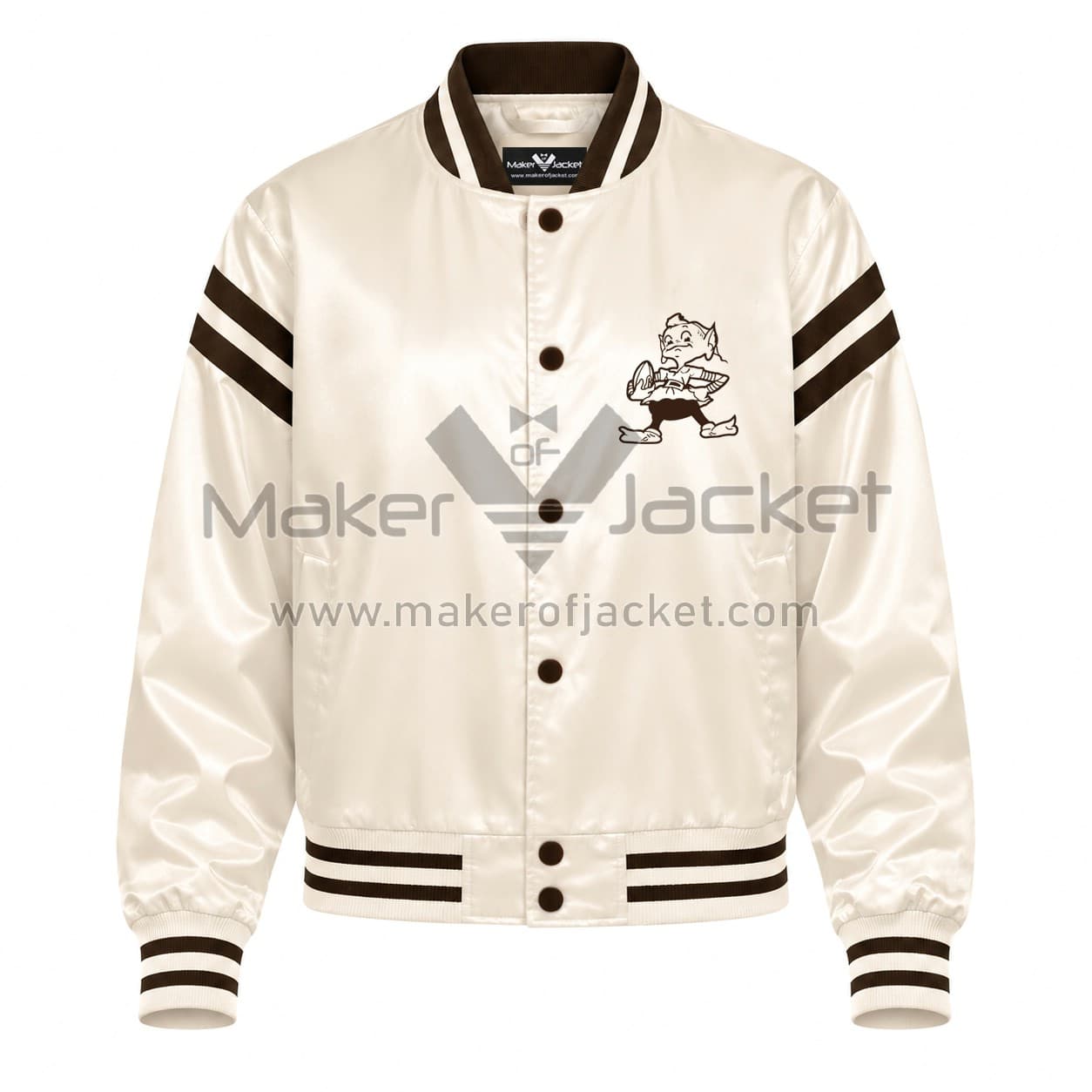 Cleveland-Browns-Cream-Satin-Jacket-Front-Image Front View Of Cleveland Browns Cream Satin Jacket Featuring Browns cartoon logo and brown arm stripes.