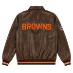 Back View Of Cleveland Browns Leather Jacket featuring bold BROWNS lettering across the back.