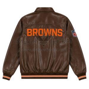 Back View Of Cleveland Browns Leather Jacket featuring bold BROWNS lettering across the back.