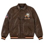 Front View Of Cleveland Browns Leather Jacket Featuring Browns cartoon logo on left chest and NFL logo on right arm.