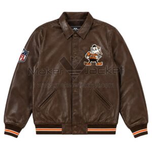 Front View Of Cleveland Browns Leather Jacket Featuring Browns cartoon logo on left chest and NFL logo on right arm.