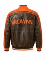 Back View Of Cleveland Browns Leather Stripes Jacket Featuring BROWNS Spelling Design.