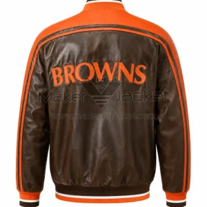 Back View Of Cleveland Browns Leather Stripes Jacket Featuring BROWNS Spelling Design.