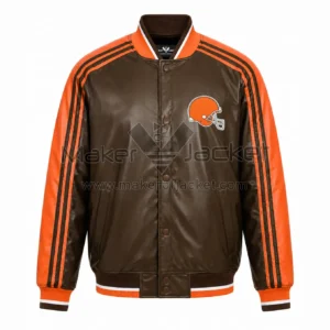 Front View Of Cleveland Browns Leather Stripes Jacket Featuring Helmet Logo on chest.