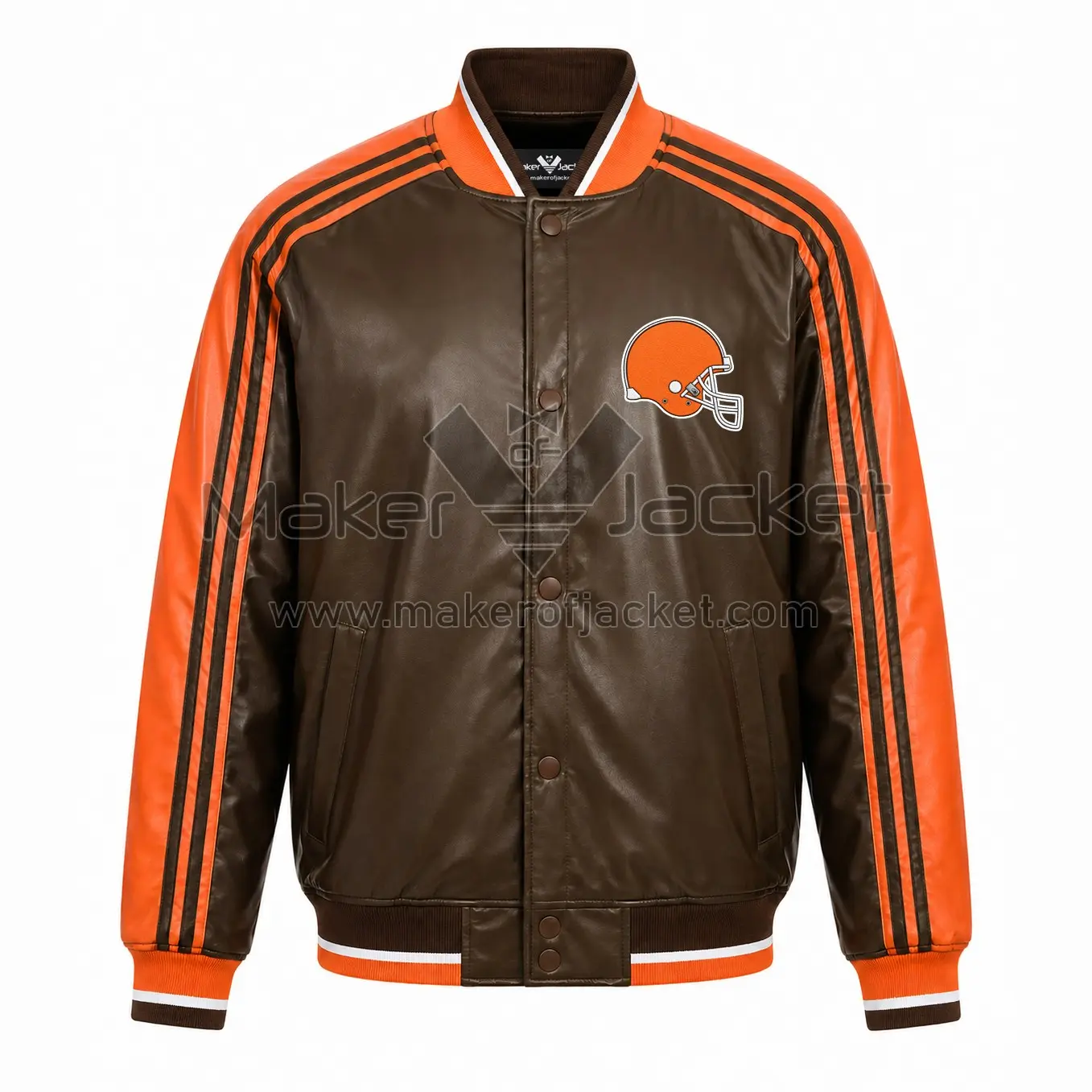 Cleveland-Browns-Leather-Stripes-Jacket-Front-Image Front View Of Cleveland Browns Leather Stripes Jacket Featuring Helmet Logo on chest.