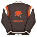 Back View Of Cleveland Browns Multi Leather Jacket featuring Cleveland Browns helmet logo and BROWNS lettering.