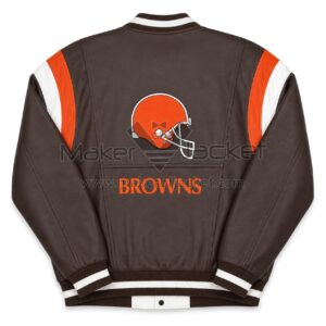 Back View Of Cleveland Browns Multi Leather Jacket featuring Cleveland Browns helmet logo and BROWNS lettering.