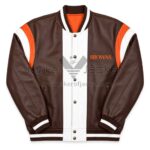 Front View Of Cleveland Browns Multi Leather Jacket Featuring orange, and white with BROWNS chest lettering.