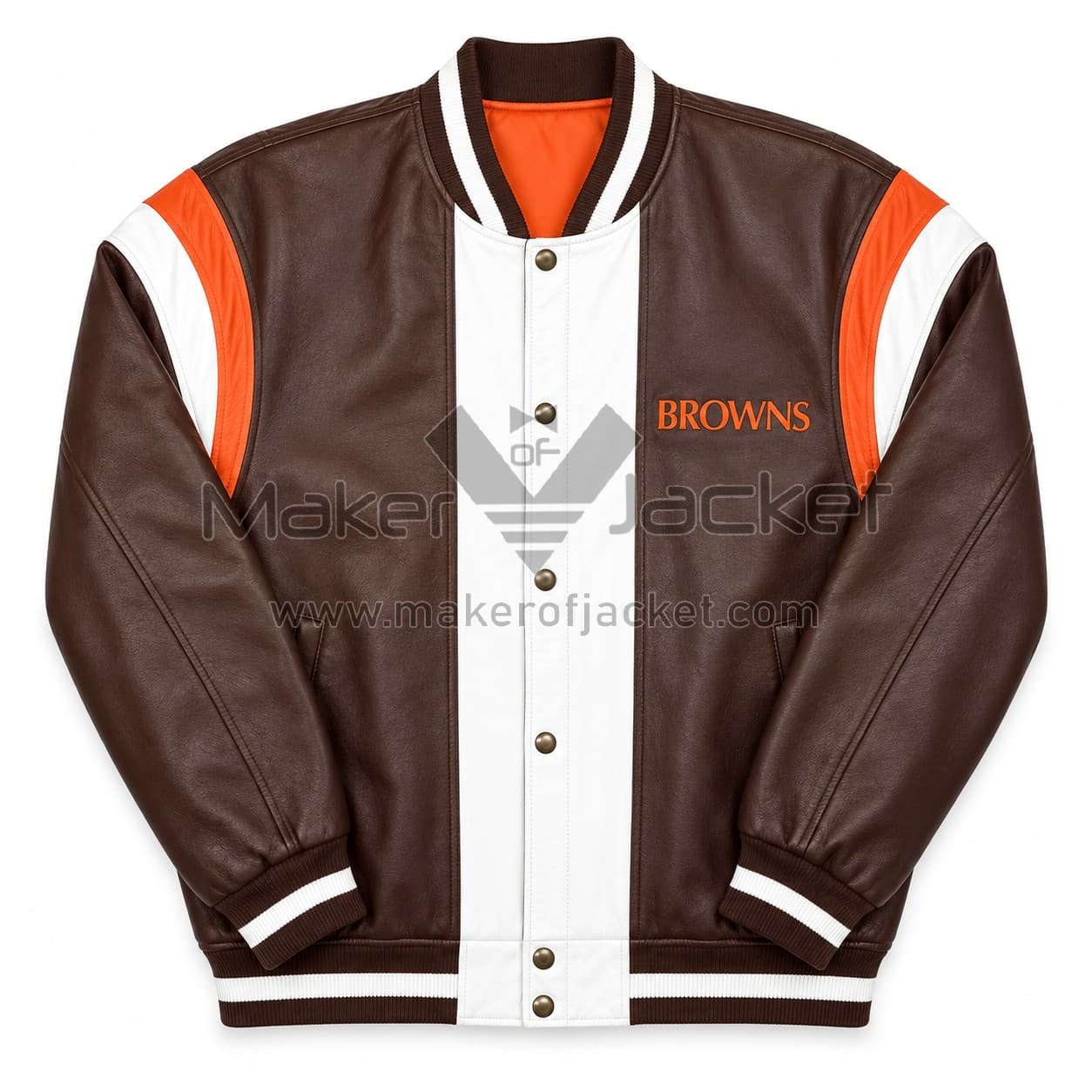 Cleveland-Browns-Multi-Leather-Jacket-Front-Image Front View Of Cleveland Browns Multi Leather Jacket Featuring orange, and white with BROWNS chest lettering.