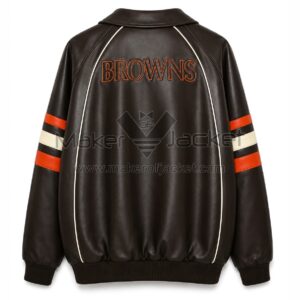 Back View Of Cleveland Browns Orange Striped Jacket featuring bold BROWNS lettering.