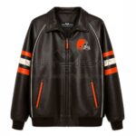 Front View of Cleveland Browns Orange Striped Jacket Featuring Browns helmet logo on left chest.