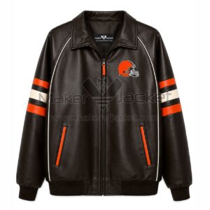 Front View of Cleveland Browns Orange Striped Jacket Featuring Browns helmet logo on left chest.