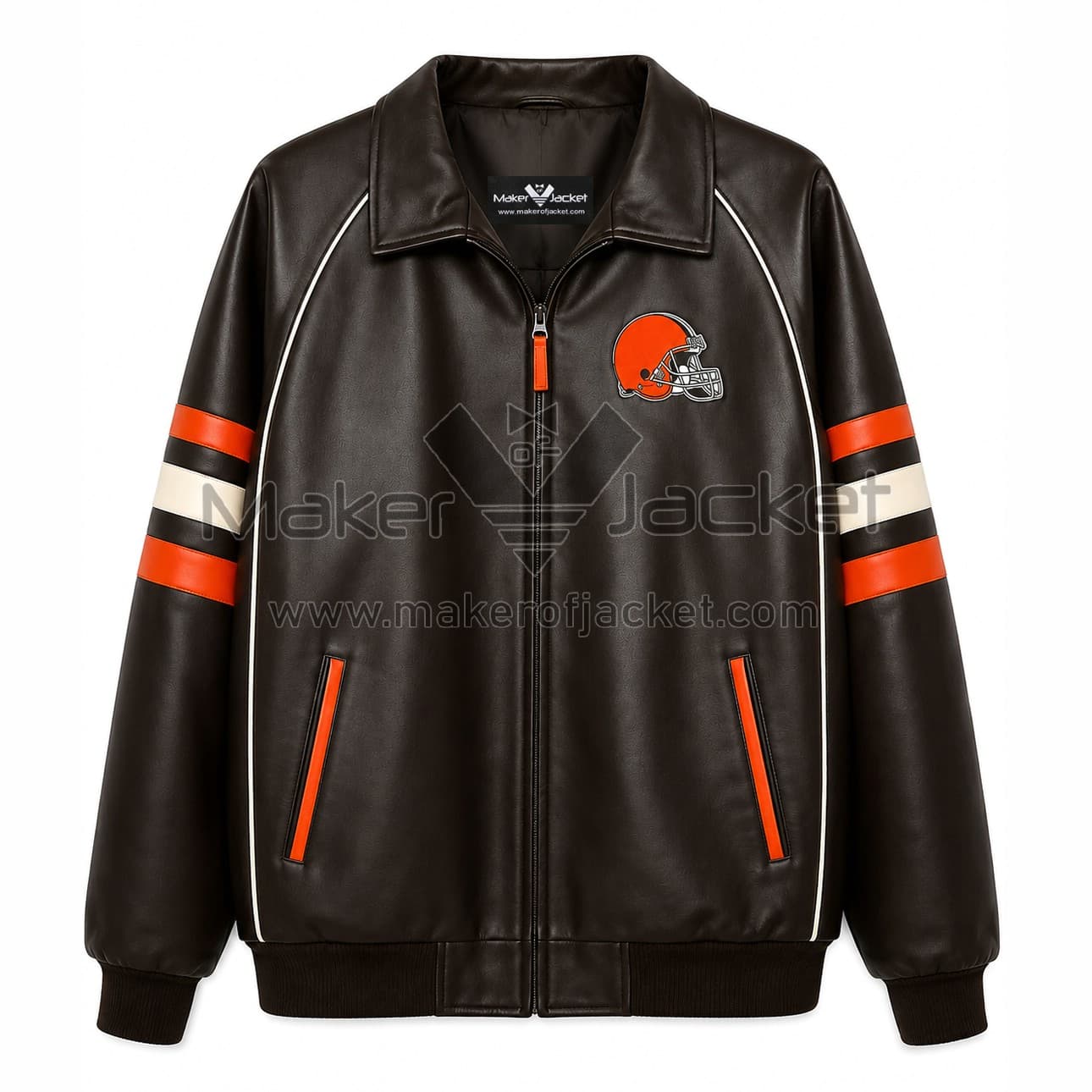 Cleveland-Browns-Orange-Striped-Jacket-Front-Image Front View of Cleveland Browns Orange Striped Jacket Featuring Browns helmet logo on left chest.