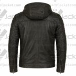 Back view of the Dave Bautista Afterburn distressed black hooded leather jacket showcasing stitched hood details and zippered cuffs.