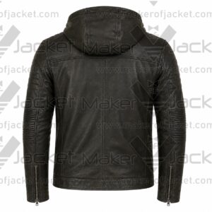 Back view of the Dave Bautista Afterburn distressed black hooded leather jacket showcasing stitched hood details and zippered cuffs.