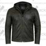 Front view of the Dave Bautista Afterburn distressed black hooded leather jacket featuring ribbed sleeve panels and zippered chest pockets.