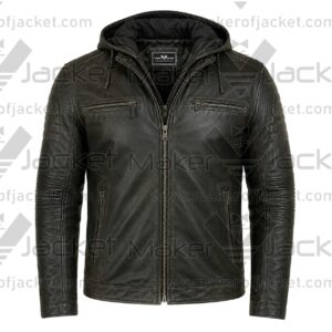 Front view of the Dave Bautista Afterburn distressed black hooded leather jacket featuring ribbed sleeve panels and zippered chest pockets.