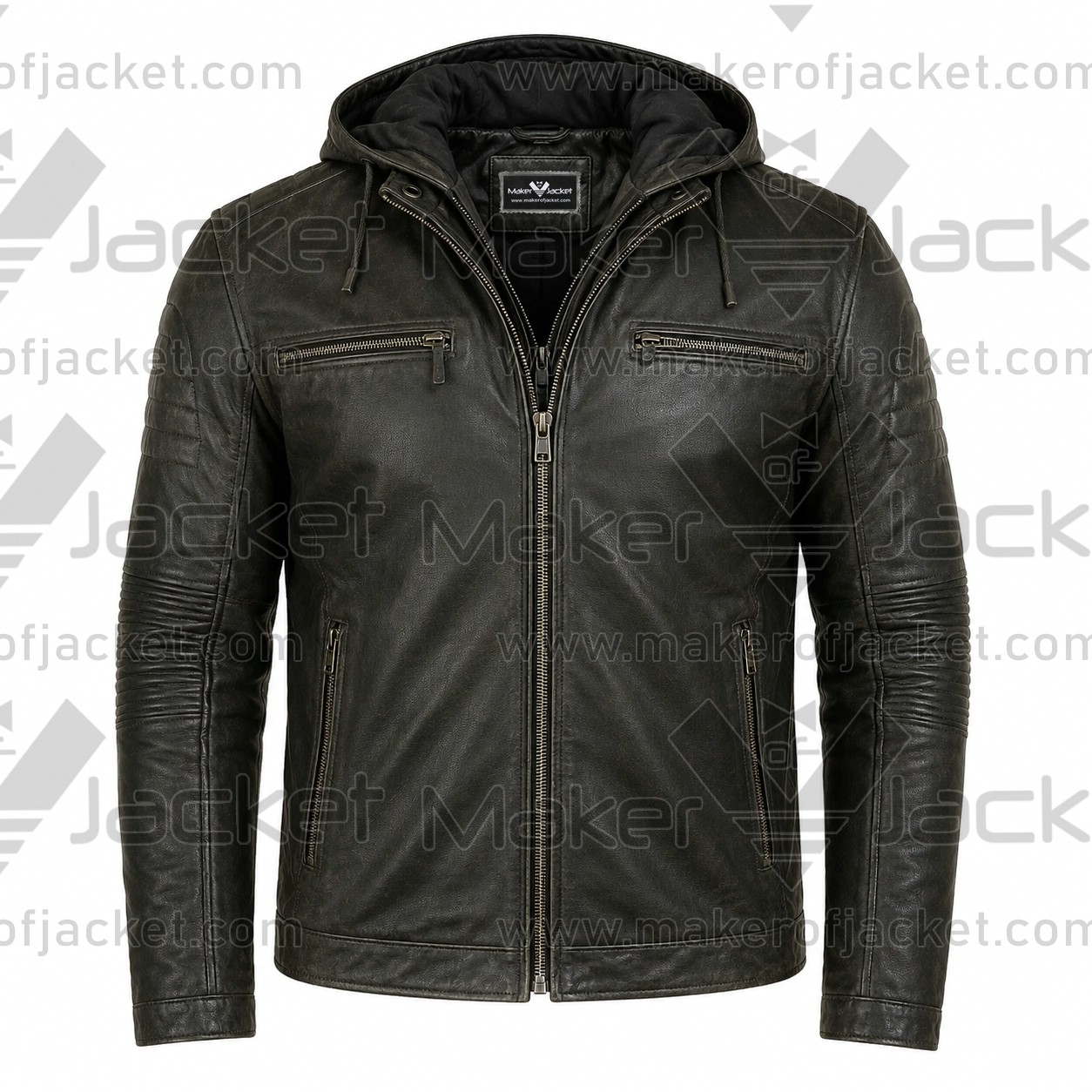Dave Bautista Afterburn Black Leather Jacket Front View Front view of the Dave Bautista Afterburn distressed black hooded leather jacket featuring ribbed sleeve panels and zippered chest pockets.