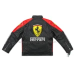 Back View Of Ferrari Sport Leather Jacket Featuring Ferrari logo and FERRARI lettering.