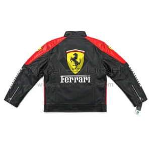 Back View Of Ferrari Sport Leather Jacket Featuring Ferrari logo and FERRARI lettering.