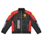 Front View of Ferrari Sport Leather Jacket Featuring Ferrari logo and zipper pockets.