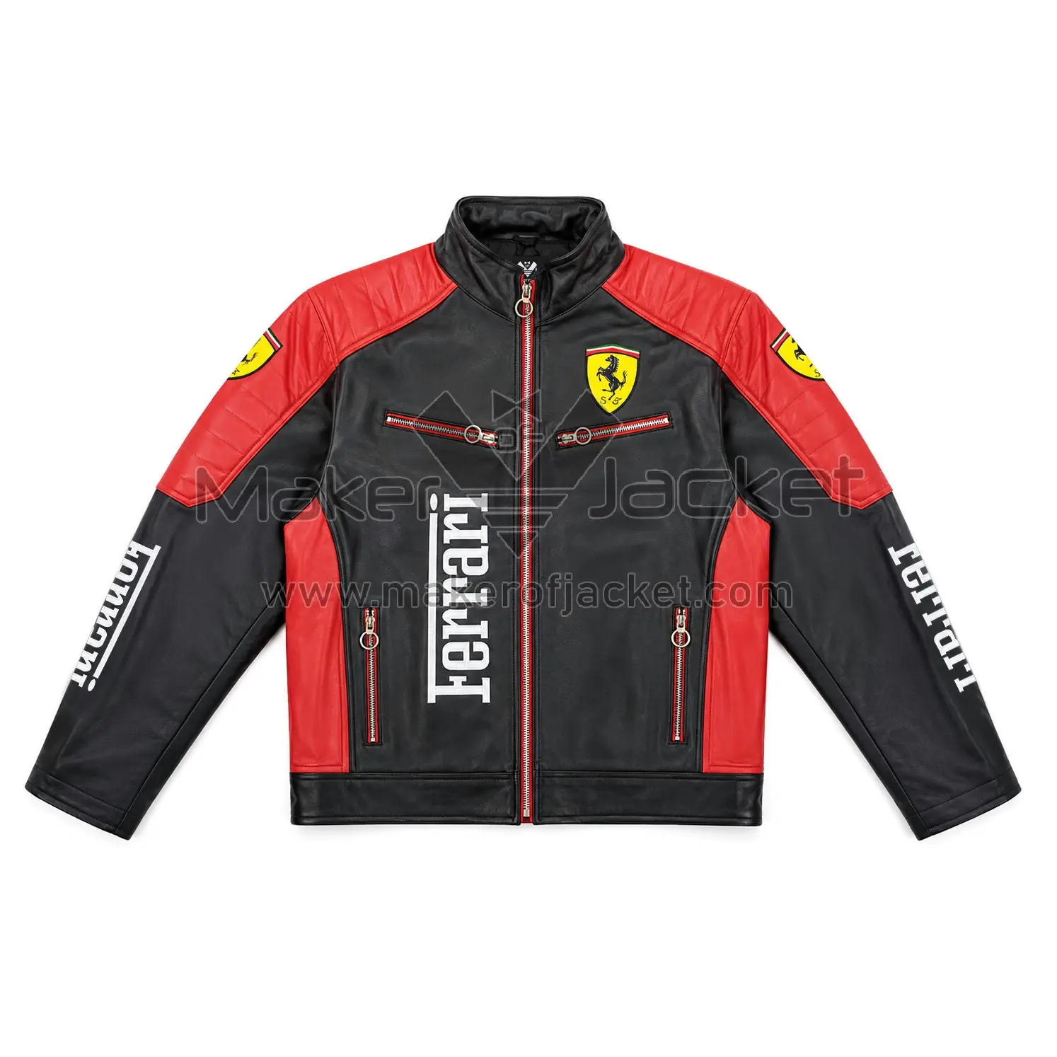 Ferrari-Sport-Leather-Jacket-Front-Image Front View of Ferrari Sport Leather Jacket Featuring Ferrari logo and zipper pockets.