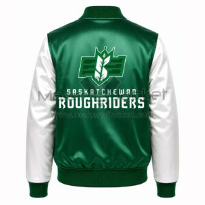Back View Of Green Roughriders Satin Bomber Jacket featuring large SASKATCHEWAN ROUGHRIDERS logo and lettering on premium satin with rib-knit waistband.