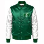 Front View Of Green Roughriders Satin Bomber Jacket Featuring embroidered Saskatchewan Roughriders logo on the left chest, rib-knit collar, snap-button closure, and varsity design.